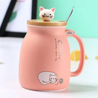 Tasse Chat en céramique rose - Couvercle bois, cuillère et tête de chat