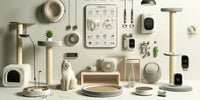 Image montrant des accessoires pour chats en 2024, avec des jouets interactifs, colliers personnalisés, lits ergonomiques et distributeurs automatiques.