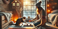 Un chat joue avec des jouets interactifs dans un intérieur chaleureux d'hiver, mettant en avant des moments de complicité avec son propriétaire.