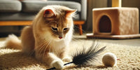 Chat âgé jouant avec un jouet en plumes dans un intérieur confortable, avec un arbre à chat bas et des coussins en arrière-plan, illustrant des activités adaptées aux chats seniors.