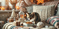 Chat mangeant dans un bol rempli de nourriture nutritive dans un cadre hivernal chaleureux, illustrant l’importance d’une alimentation adaptée pendant l’hiver.