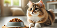 Chat en bonne santé à côté d'une gamelle de nourriture hypoallergénique, symbolisant la prévention des allergies alimentaires chez les chats.