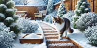 Un chat domestique dans un jardin enneigé avec des solutions naturelles de déneigement comme le sable et les copeaux de bois, pour protéger ses coussinets.