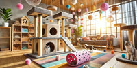 Espace de jeux pour chat d'intérieur avec arbre à chat, tunnels, jouets interactifs et grattoirs dans une pièce lumineuse et confortable