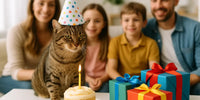 Anniversaire de chat en famille – Chat tigré avec chapeau de fête devant un gâteau à la crème, entouré d’une famille souriante avec enfants et cadeaux colorés | Au Paradis du Chat