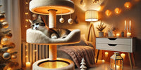 Un chat détendu sur un arbre à chat chauffant dans un intérieur chaleureux en hiver, décoré avec des lumières et des éléments hivernaux.