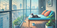 Chat sur un balcon sécurisé avec un filet de protection, regardant à travers le filet avec des plantes et une vue urbaine en arrière-plan