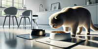 Un chat Scottish Fold mangeant dans un bol incliné, conçu pour améliorer la digestion et le bien-être des chats grâce à un design ergonomique.