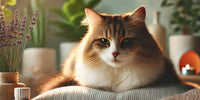 Chat calme reposant dans un environnement naturel et apaisant avec des plantes et des éléments naturels.