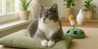 Chat anxieux en intérieur – Chat gris et blanc allongé sur un coussin vert près d’une fenêtre, entouré de jouets et plantes, dans un environnement apaisant | Au Paradis du Chat
