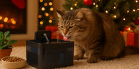 Chat buvant à une fontaine à eau près du sapin de Noël – Hydratation en hiver, croquettes et ambiance cosy 🎄💧 | Au Paradis du Chat