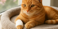 Chat roux blessé – Allongé dans un couchage moelleux avec un bandage blanc à la patte, profitant du calme d’un intérieur printanier | Au Paradis du Chat