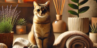 Chat détendu dans un intérieur chaleureux, s'adaptant à son nouvel environnement post-adoption.