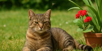 Chat en danger estival – Chat tigré observant un insecte près d’une plante dans un jardin en été, illustrant les risques liés aux insectes et végétaux toxiques | Au Paradis du Chat