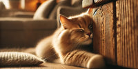 Un chat se frotte doucement la tête contre un meuble en bois, illustrant le comportement de marquage de territoire dans un intérieur chaleureux.
