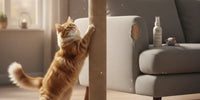 Un chat roux utilisant un poteau griffoir en sisal à côté d'un canapé gris abîmé, illustrant comment rediriger les griffades du mobilier vers un accessoire adapté.