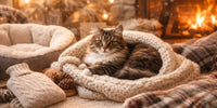 Chat tigré en hiver – blotti dans un panier douillet avec plaid et coin cheminée cocooning, ambiance chaleureuse pour chat frileux ❄️ | Au Paradis du Chat