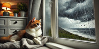 Chat observant une tempête à travers une fenêtre, reflétant l'impact des changements climatiques sur son comportement.