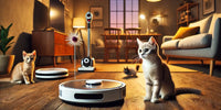 Chat curieux observant un robot aspirateur moderne dans un salon avec des jouets interactifs pour chats en arrière-plan.