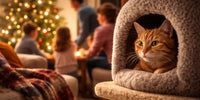 Chat roux blotti dans son arbre à chat observe une famille et un sapin de Noël – coin refuge anti-stress pendant les fêtes 🎄 | Au Paradis du Chat
