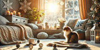 Un chat domestique se repose près d'une fenêtre ensoleillée, profitant de la lumière naturelle en hiver dans une ambiance chaleureuse et cosy.
