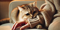 Chat domestique mordant légèrement la main de son propriétaire après une séance de caresses, montrant des signes subtils d'irritation dans un environnement cosy.