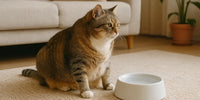 Chat en surpoids à la maison – Chat tigré assis sur un tapis beige devant une gamelle d’eau, dans un salon lumineux avec canapé et plantes | Au Paradis du Chat