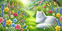 Un chat domestique reposant paisiblement dans un jardin printanier verdoyant, entouré de fleurs colorées et baigné de lumière naturelle, évoquant un cadre propre et sans allergènes.