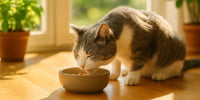 Chat mangeant au printemps – Chat gris et blanc dégustant son repas dans une gamelle ensoleillée près d’une fenêtre | Au Paradis du Chat