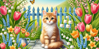 Chat en terrasse printanière – Chat curieux et protégé, plantes toxiques (lys, muguet, tulipes) derrière clôture décorative, jardin sûr et coloré – Au Paradis du Chat