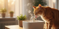 Un chat roux boit l'eau en mouvement d'une fontaine à eau blanche et moderne posée sur un meuble en bois, dans un intérieur lumineux au soleil couchant.