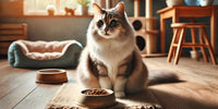 Chat senior près d'une gamelle de nourriture saine dans un environnement chaleureux et confortable, symbolisant bien-être et bonne gestion du poids.