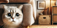 Chat stressé caché derrière des meubles dans un salon chaleureux, montrant des signes d'anxiété avec les yeux écarquillés et les oreilles aplaties.