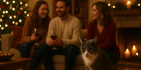 Chat gris et blanc intimidé sur la table – ambiance chaleureuse de Noël avec invités, prévention du stress des chats pendant les fêtes, Au Paradis du Chat 🎄
