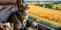 Un chat assis confortablement dans un wagon de train, avec un sac de voyage et des jouets à proximité, regardant par la fenêtre un paysage pittoresque.