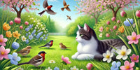 Chat dans un jardin printanier observant des oiseaux – Scène apaisante idéale pour sensibiliser à la cohabitation harmonieuse, par Au Paradis du Chat.