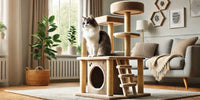 Arbre à chat multi-niveaux dans un salon moderne avec un chat perché sur la plateforme supérieure près d'une fenêtre, entouré de plantes et de décoration intérieure.