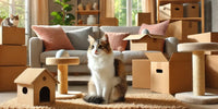 Un chat détendu assis parmi des cartons de déménagement dans une pièce chaleureuse avec des jouets et un arbre à chat, représentant un déménagement serein et sans stress.