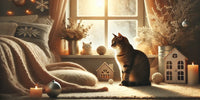 Chat relaxé près d'une fenêtre ensoleillée dans un cadre hivernal, symbolisant le bien-être et le réconfort émotionnel en période de dépression saisonnière.