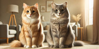 Deux chats assis côte à côte : un mâle curieux et une femelle calme, reflétant leurs différences comportementales dans un environnement paisible.