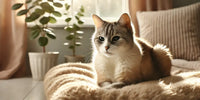 Chat âgé assis sur un lit confortable, baigné de lumière naturelle, symbolisant le calme et le bien-être malgré la douleur chronique.