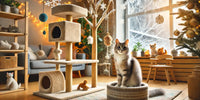 Chat dans un espace intérieur stimulant avec arbre à chat, jouets et ambiance chaleureuse en hiver, illustrant un environnement adapté aux besoins félins.