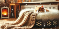 Espace douillet pour un chat pendant l'hiver avec un lit moelleux, couvertures chaudes et vue sur la neige, créant une ambiance confortable et chaleureuse.