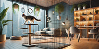 Un chat curieux grimpant sur un arbre à chat dans un salon sécurisé avec des fenêtres protégées et des meubles adaptés aux chats.