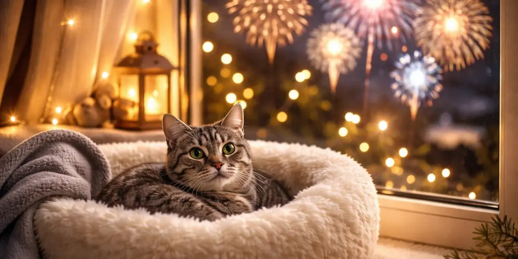 Feux d’artifice, pétards & Nouvel An : comment rassurer ton chat et éviter la panique ?