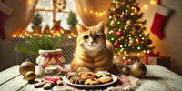 Chat détendu pendant Noël, assis près de friandises maison dans une ambiance festive, avec des décorations de Noël en arrière-plan, créant une atmosphère chaleureuse.