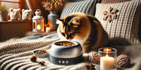Chat mangeant dans une gamelle thermique moderne, entouré d’un décor hivernal chaleureux avec une ambiance confortable.