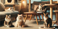 Plusieurs chats se reposent paisiblement dans un salon confortable, symbolisant la gestion des conflits dans un foyer multi-chats.