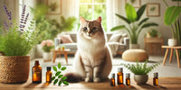 Chat calme dans un environnement naturel avec des huiles essentielles sécurisées, représentant les bienfaits des huiles naturelles pour les chats.