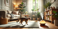 Chat curieux explorant un salon lumineux et paisible, symbolisant un environnement olfactif sain avec des plantes d'intérieur et un diffuseur de parfum doux.